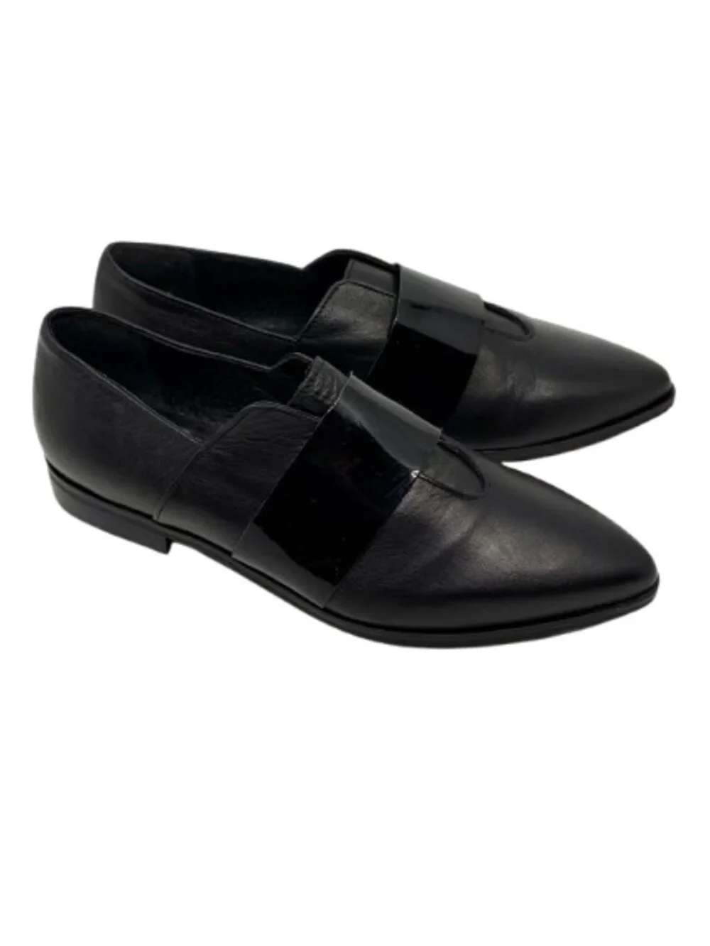 BARNEYS NEW YORK~Black Leather Pointed Toe Loafers Flats w/Patent Strap 38 / 7.5
